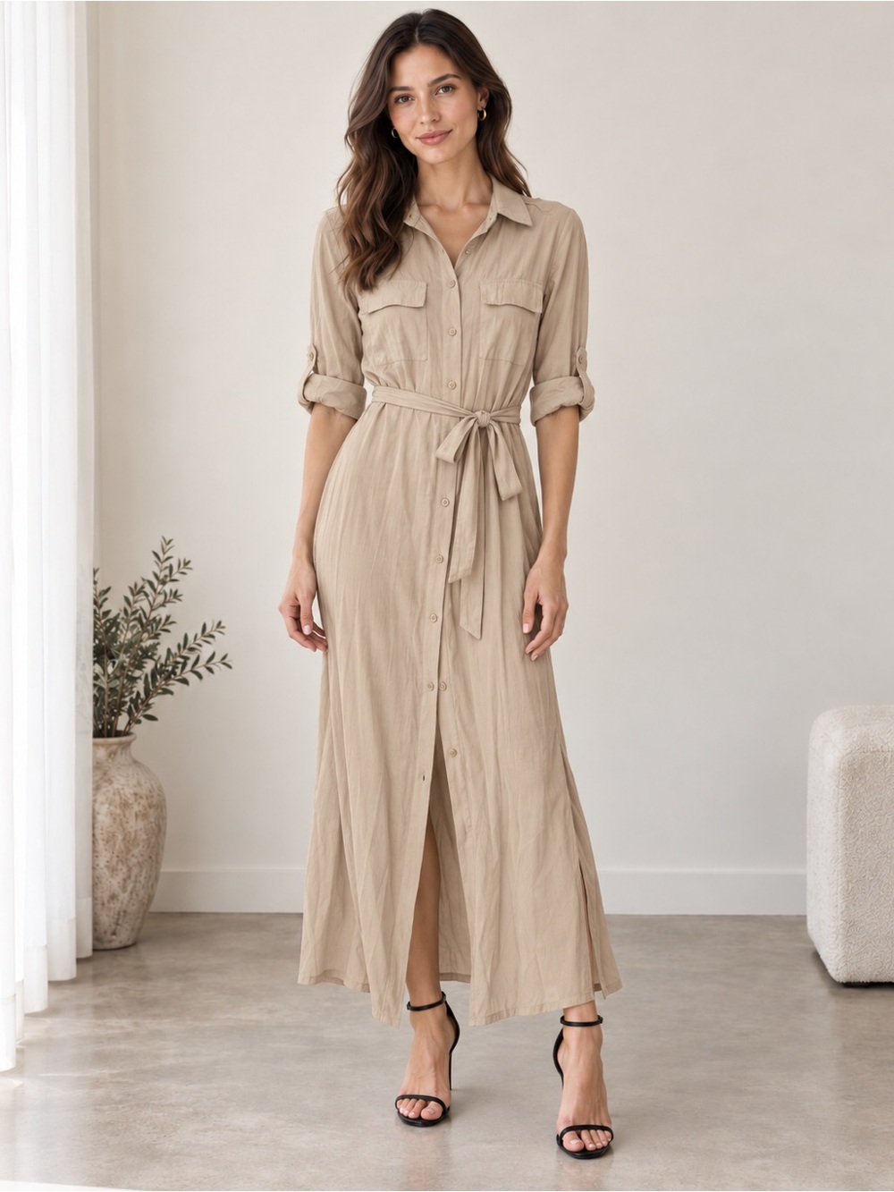 Max Studio Tan Button-Front Shirt Maxi Dress with Self Tie